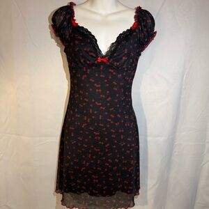 Cherry Print Mesh Mini Dress Puff Sleeve‎ Lace Trim Size S